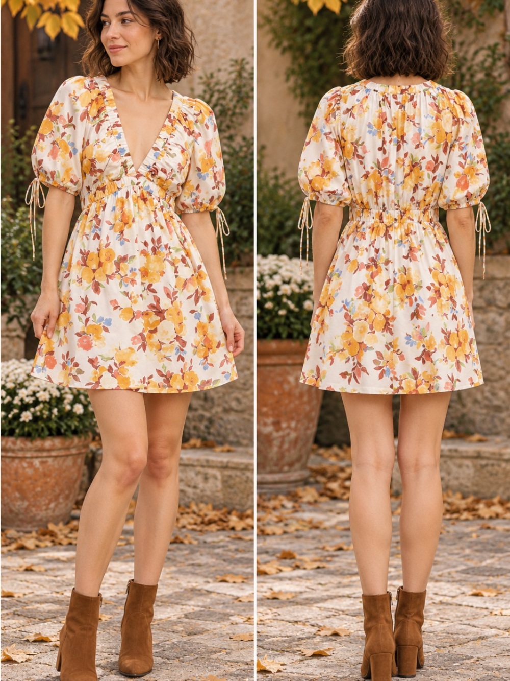 NEW ABERCROMBIE & FITCH Women's Yellow Floral V-Neck Puff Sleeve Dress SZ SP